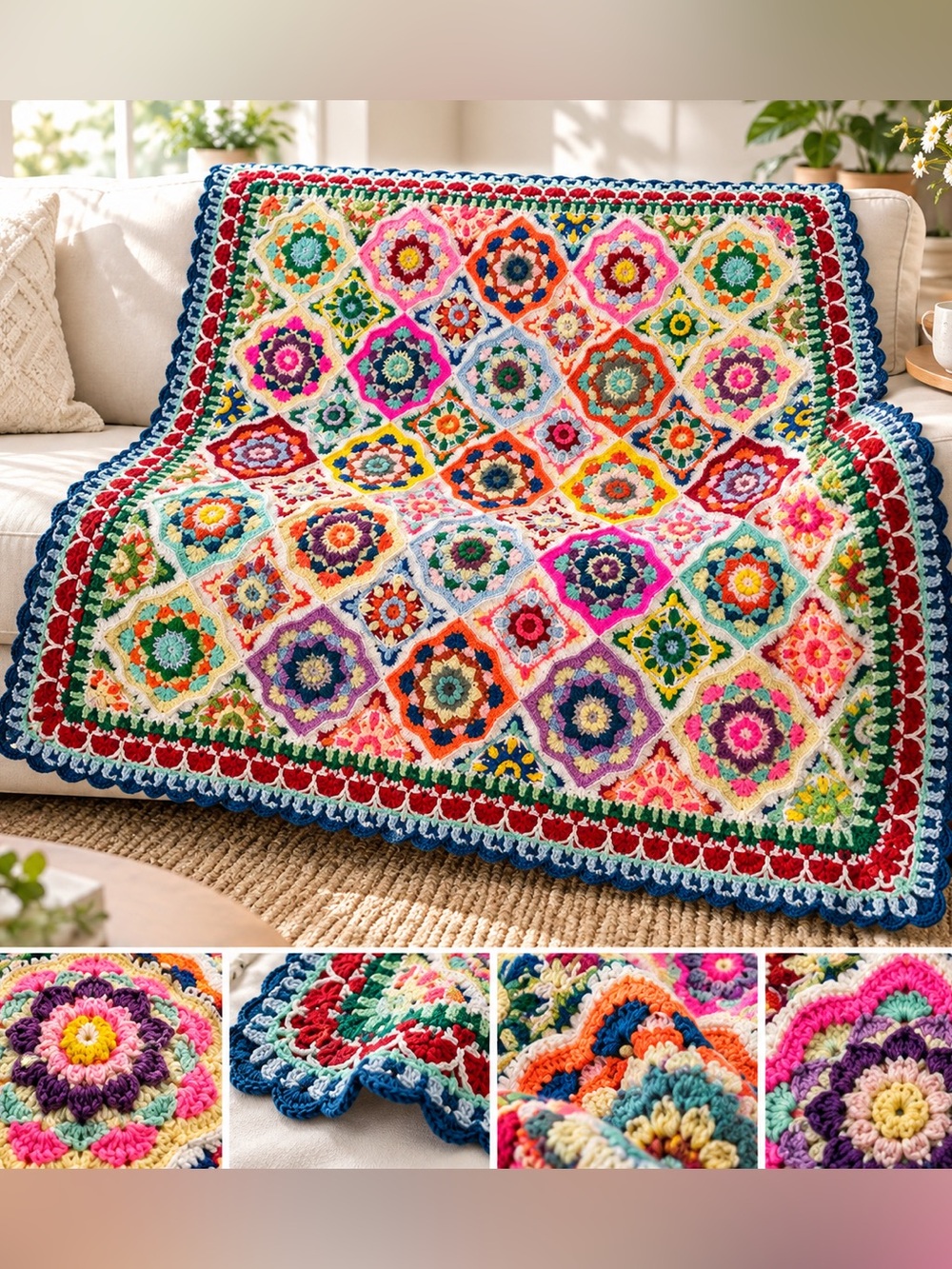 Moroccan style Flower granny afghan Handmade Crochet blanket 50” x 50”